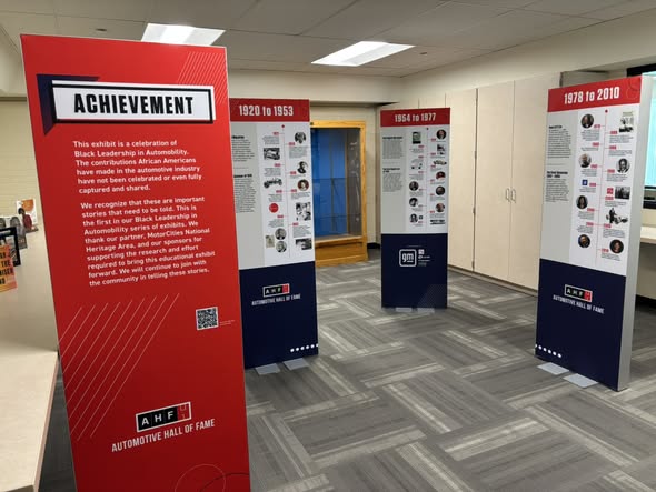 Red and blue panels in exhibit space